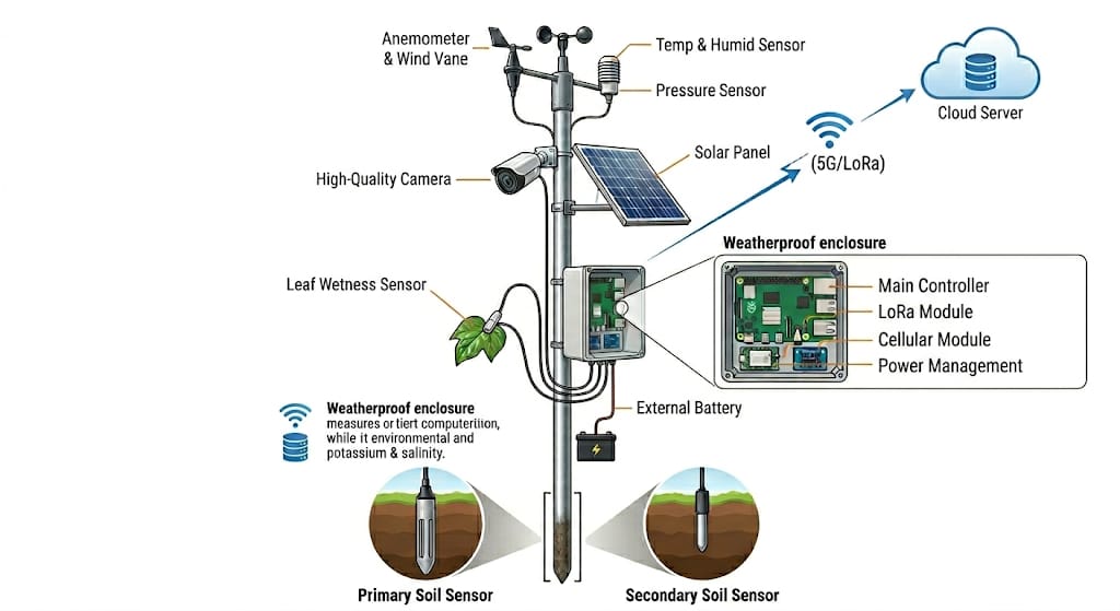Krushi Vision IoT field station showing all sensors on an iron pole